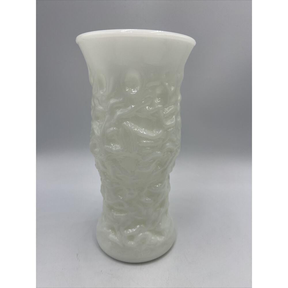 Old Vintage E.O Brody Opaque Milk White Glass Vase w Textured Finish Pattern MCM